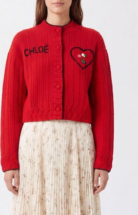 Chlo&eacute; Wool and Cashmere Cardigan with Embroidered Logo and Contrast Trims