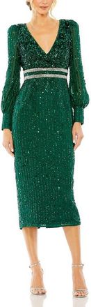 Mac Duggal V-Neck Sequined Overlay Gown with Long Bishop Sleeves and Embellished Waist in Emerald at Nordstrom, Size 12