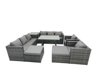 Fimous Rattan Dining Table Sofa Set with Side Table 2 Big Footstools 10 Seat in Dark Grey