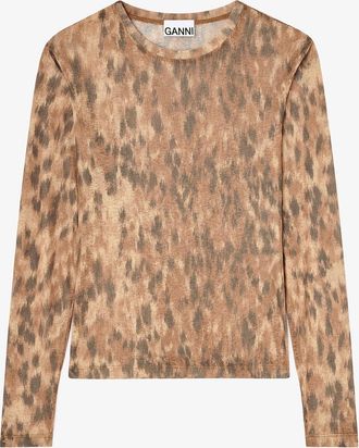 Ganni Long-sleeve Top in Printed Marl Mesh - Size 10/12 Burro