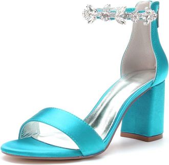 Generic Womens Block Heel Sandals Ankle Strap Chunky Heel Bridal Crystal Wedding Dress Shoes Wedding Heel Comfortable High Sandals 8Cm,Blue Green,10 UK