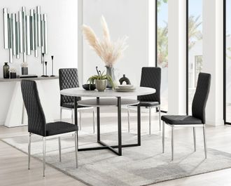 Furniturebox Adley Grey Concrete Effect Round Dining Table & 4 Milan Chrome Leg Faux Leather Chairs in Black