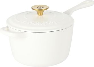 Crock-pot Artisan 3 Quart Enameled Cast Iron Saucepan with Lid in Linen and Gold