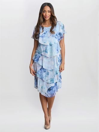 Gina Bacconi Womens Rosanna Printed Tiered Dress With Shoulder Embellishment - Blue - Size 10 UK