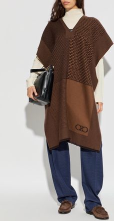 Ferragamo Wool Poncho With Logo, Womens, Brown