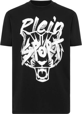 Plein Sport Tops, Heren, Zwart, XS, Katoen, T-shirt Ronde Hals Stencil Tijger Street Fighter