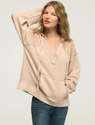 Lucky Brand Womens Lace Trim Mix Fleece Hoodie