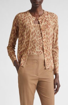 St. John Fine Gauge Leopard Print Wool Blend Cardigan in Rust Multi Animal Print at Nordstrom, Size X-Large
