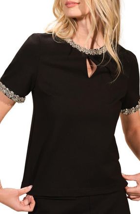 Isaac Mizrahi New York Embellished Jewel Neck Ponte T-Shirt in Black at Nordstrom, Size X-Small