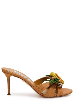 Aquazzura Aquazzura Birdsong 75 Appliqu&eacute;d Woven Raffia Mules - Camel - 39 (IT39/ UK6)