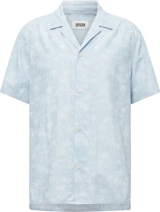 Drykorn Overhemden, Heren, Blauw, XL, Katoen, Kort Mouw Overhemd Palmprint Cuban Collar