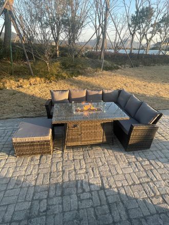 Fimous High Back Rattan Garden Furniture Sets Gas Fire Pit Dining Table Right Corner Sofa Big Footstools 7 Seater in Dark Grey
