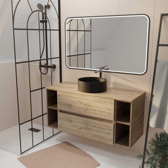 Aurlane Aurlane - Mueble De Ba&ntilde;o 120 Efecto Roble 2 Cajones, Lavabo Blanco, Espejo Led 120x70