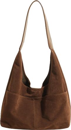 Generic 2 pcs Women Suede Slouchy Hobo Bag with Multi-pocket Shoulder Bag Magnetic Closure Large Tote Bag Solid Retro Handbag for Travel Work (Brown)