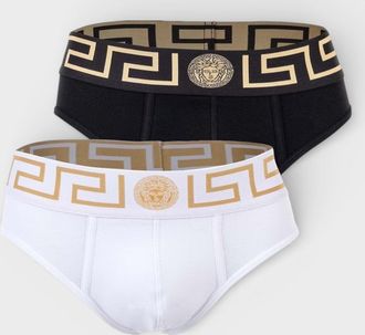 Versace Mens Low-Rise Logo Slip 2-Pack Black & White Cotton - Size X-Large