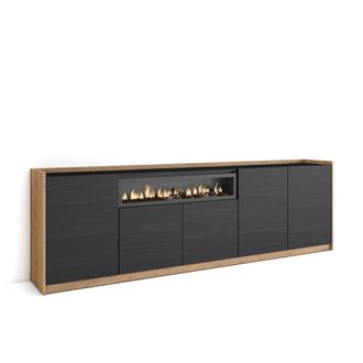 Skraut Home Aparador efecto madera negro y roble 260x37x80cm chimenea efecto fuego