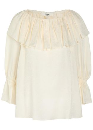 Chlo&eacute; Floral Jacquard Ruffled Silk Blouse - Off White - 38 (UK10 / S)