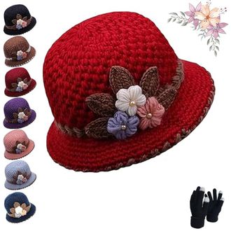 Generic Womens Flowers Knitted Hat, Winter Warm Crochet Fuzzy Bucket Hats, Thicken Retro Flower Cute Beanies Cap (UK, Alpha, One Size, Red)