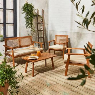 Sweeek 4-seater Wooden & Cane Rattan Garden Sofa Set in Light Brown