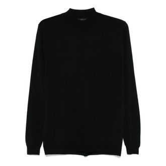 low brand Round-neck Knitwear, male, Black, 2XL, Black Merino Wool Jumper Ribbed Finish