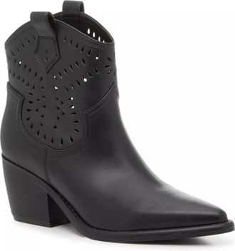 Marc Fisher Boots Black Leather Block Heel Cowboy Bootie JZZ1122