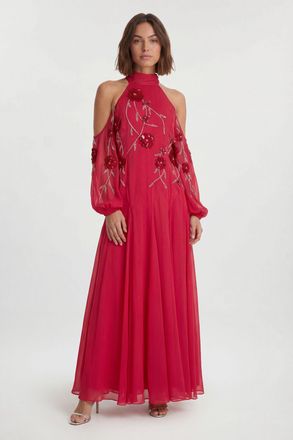 Karen Millen Womens Cold Shoulder 3D Floral Applique Woven Maxi Dress - Pink - Size 10 UK