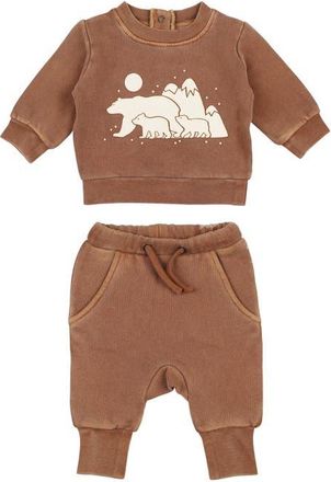 LOvedbaby Organic Cotton Fleece Graphic Sweatshirt & Joggers Set in Latte Bear at Nordstrom, Size 3-6M