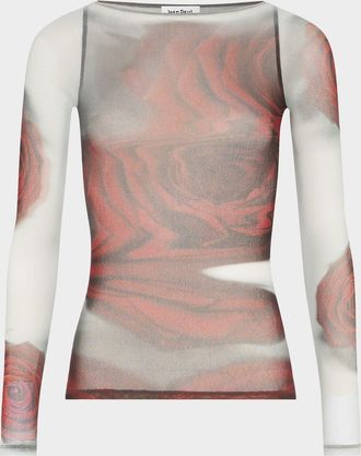 Jean Paul Gaultier Blurry Roses-Print Mesh Boat-Neck Top
