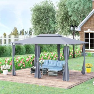 OUTSUNNY 4m x 3(m) Outdoor 2-Tier Steel Frame Gazebo w/ Curtains Outdoor Garden in Grey
