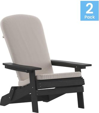 Flash Furniture Set of 2Folding Adirondack Chairs in Black with Cream Cushions, Porch, and Patio