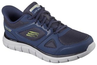 Skechers Slip-On Sneaker SKECHERS TRACK, Herren, Gr. 47,5, bunt (navy, limette), Leder, Textil, Schuhe Slip-On Sneaker, Freizeitschuh, Schn&uuml;rschuh mit Memory F