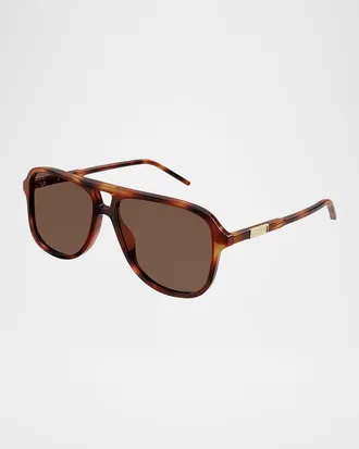 Gucci Men & apos;s Logo Plaqu&eacute; Aviator Sunglasses