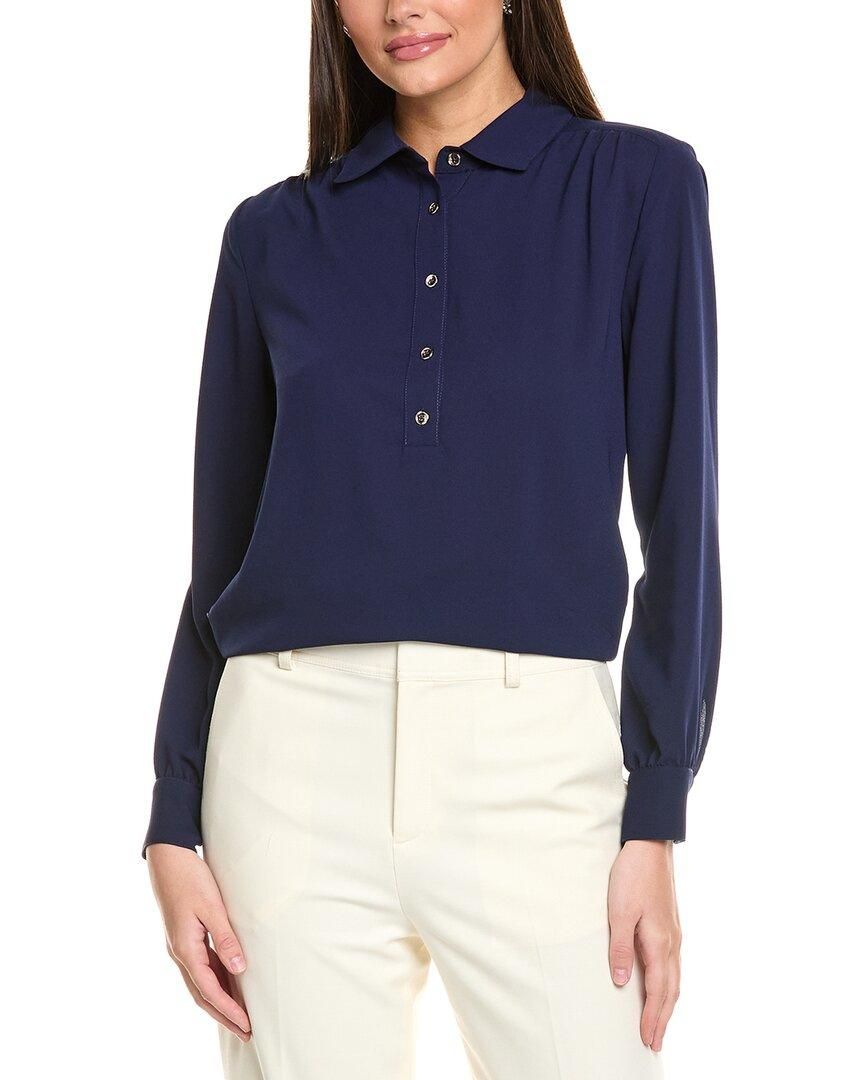 Jones New York Pleated Shoulder Tie Neck Top in Mystic Blue