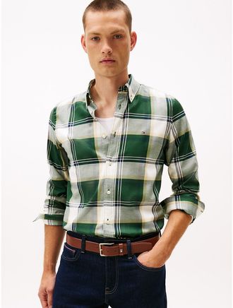 Tommy Hilfiger Mens Slim Fit Check Stretch Herringbone Shirt - Green - XXL