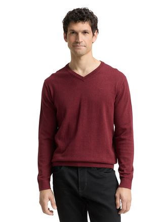 Tom Tailor V-Ausschnitt-Pullover TOM TAILOR, Herren, Gr. 3XL, bordeaux melange, Strick, Obermaterial: 100% Baumwolle, meliert, regular fit normal, V-Ausschnitt, 