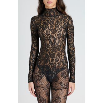 Valentino Garavani Sheer Lace Bodysuit in Nero at Nordstrom, Size X-Small