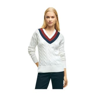 Brooks Brothers Supima Katoenen Tennis Trui - Dames - V-hals truien - Wit - M - Katoen - Truien & Vesten