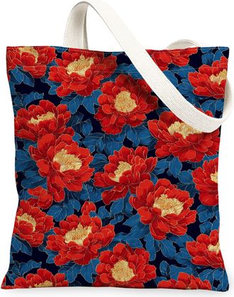 Generic Floral Canvas Tote Bag, Elegant Peony Pattern Reusable Grocery Bags, Vintage Lightweight Washable Shoulder Strap Canvas for, Red, 13x15 Inch
