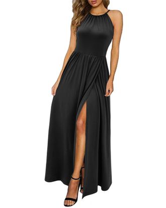 Kilig Cosmetics Summer Dress Black Maxi Dresses for Women UK Halter Neck Beach Sundress Wedding Guest Dress Elegant Casual Long (Black,Small)