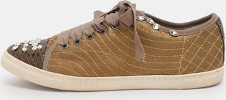 Lanvin Gold Quilted Leather Crystal Embellished Low Top Sneakers
