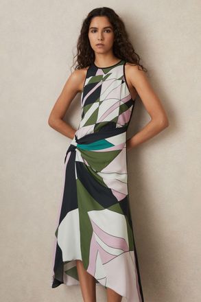 Reiss Womens Green & White Print Midi Dress, Size: 18