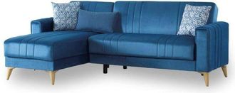 Dmora Divano letto con penisola Aronix, Divano contenitore ad angolo con 3 cuscini, Sofà in tessuto con apertura click-clack, 225x151h84 cm, Blu - Dmora