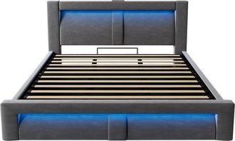 Urban Meuble Cama doble con almacenaje, LED, USB, terciopelo gris