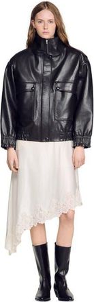 Sandro Standing collar leather jacket in Black Brown at Nordstrom, Size 40