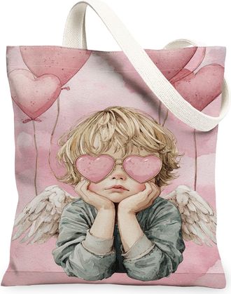 Generic Heart Pattern Canvas Tote Bag, Vintage Artistic Reusable Grocery Bag, Lightweight Washable Shoulder Strap Canvas for Travel, Peach, 13x15 Inch