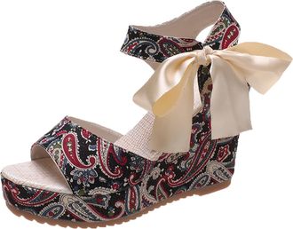 Generic Navy Shoes For Women Sandals For Women Size 8 Ladies Fashion Cashew Flower Fabric Face Open Toe Thick Sole Slope Heel Sandals Fit Flops Wedge Shoes Fo