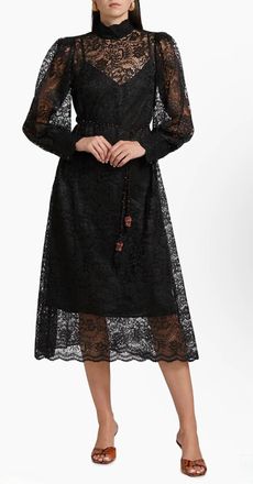 Farm Rio Lace Tie-Waist Midi Dress In Black