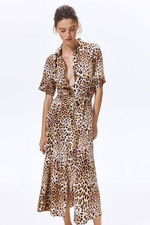 H&M Tie-belt shirt dress in Light Beige/leopard Print at Nordstrom, Size Xx-Large