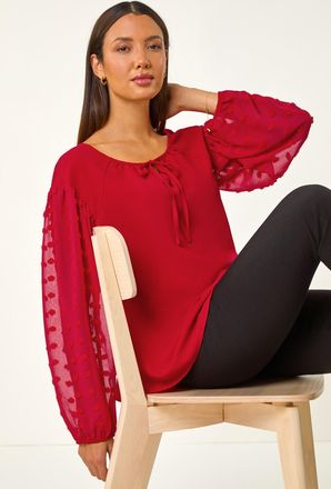 Roman Dobby Sleeve Tie Neck Top