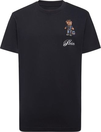 Philipp Plein Tops, Heren, Blauw, M, Katoen, T-shirt met ronde hals Hotel Teddy Bear